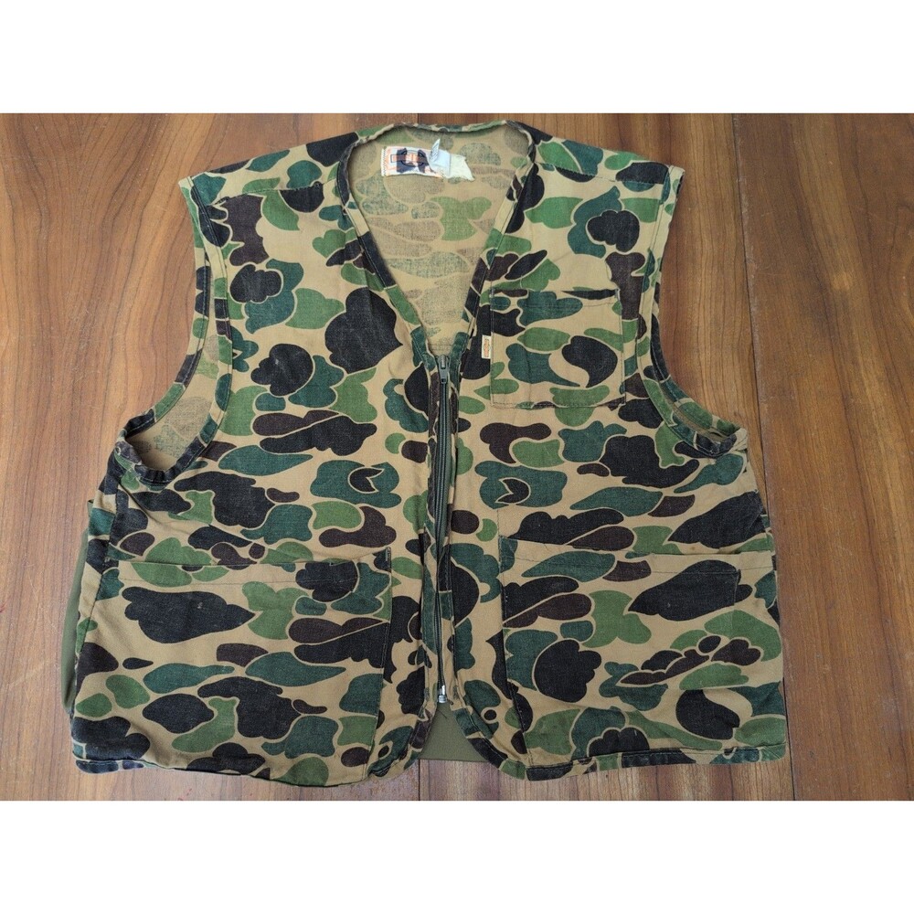 Vintage SAF-T-BAK Zip Vest Mens M/L Duck Camo Canvas Hunting Game Pocket USA